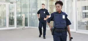 Professional security guards patrolling outside a commercial building in Seattle CBD
