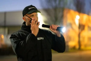 Professional security guard using radio and flashlight during night patrol in Seattle